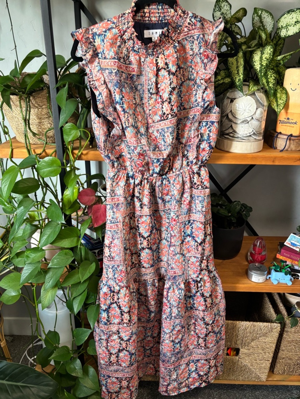THML High Neck Pink and Blue Floral Midi Dress | Small
